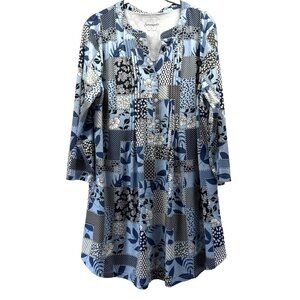 Serengeti Women's Top L Blue White Mixed Prints 3/4 Sleeve Slinky Colorful Tunic